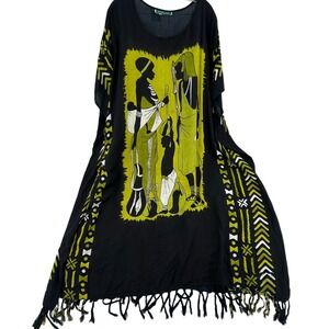 Persona Black Kaftan Dress African Tribal Figures Print Fringe Free Size Artsy
